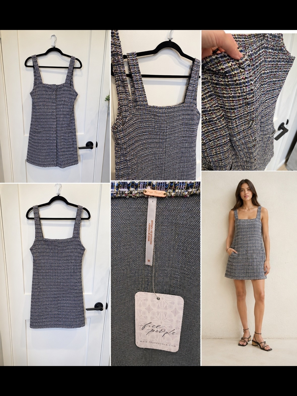 Free People Navy & White Tweed Square-Neck Mini Dress